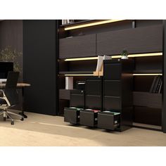 an office area with desk, chair and bookcase in dark wood finish color scheme