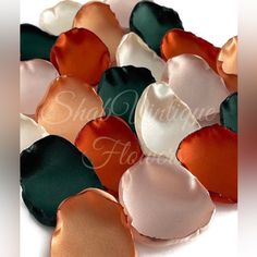 an assortment of different colored shells on a white surface with the words silk flowers written below them