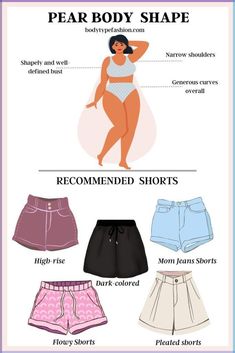 To find the best shorts for pear shaped women, you first need to understand that the pear carrys weight in the bottom half. Since your buttocks are wider than your waist and you have prominent thighs, it is critical to look for the shorts styles that can create space in these areas of your body and suit your unique body features. in this detailed guide, we will walk you through the most flattering shorts for your body type. Shorts For Pear Shaped Women, Pear Body Shape Fashion, Pear Shaped Fashion, Pear Body Shape Outfits, Pear Shaped Outfits, Curvy Casual Outfits, Pear Shaped Women, Bottom Heavy, Pear Body