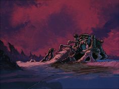 an animated scene of a castle in the middle of a snowy landscape with red clouds