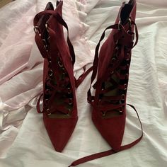 Wine Red Lace Up Heels With Gold Detailing And Closed Pointed Toes. Ankle Zip Up Closure In The Back Brand New! However Since Material Is Suede It Does Have 2 Minor Flaws Where Material Is Scratched (Pictured) Brand: Charlotte Russe Size 8 * I Do Have The Original Box However I Still Need To Find A Box That Fits It. So Shoes May Or May Not Come With Their Box Red Lace-up Heels For Spring, Red Lace-up Heels For Evening, Red Lace-up Heels With Red Sole, Burgundy Lace-up Heels, Suede Lace, Red Suede, Lace Up Heels, Red Lace, Gold Details