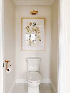 a white toilet sitting inside of a bathroom next to a painting on the wall above it