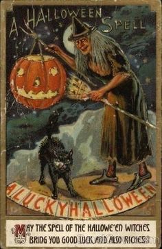 an old fashioned halloween card with a witch holding a jack - o'- lantern