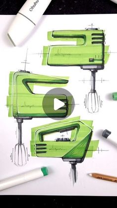 a drawing of green kitchen appliances on top of a white paper with crayons next to it