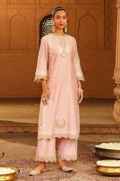 Blush pink silk chanderi A-line kurta with kashmiri tilla and parsi gara embroidery. Comes with palazzo and a silk organza dupatta. - Aza Fashions Elegant Straight Kurta In Dola Silk, Elegant Dola Silk Straight Kurta Traditional Wear, Elegant Dola Silk Straight Kurta, Pink Raw Silk Traditional Wear With Resham Embroidery, Pink Traditional Wear With Resham Embroidery, Designer Chanderi Sets In Pink, Elegant Straight Kurta Palazzo Set With Cutdana, Elegant Semi-stitched Kurta With Cutdana Detail, Elegant Semi-stitched Kurta With Cutdana