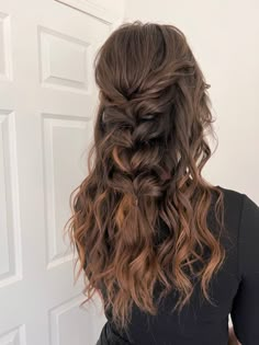 Half up half down hairstyle, brunette hair, boho hairstyle, bridal half up half down hairstyle Messy Braid Prom Hair, Half Up And Down Prom Hair, Hairstyles For Prom Brunette, Prom Hairstyles Half Up Half Down Dark Hair, Down Hair Prom, Prom Hair For Wavy Hair, Prom Hair Waterfall Braid, Prom Hair For Brunettes, Grad Hairstyles Down