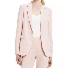 New With Tags Theory Staple Classic Crepe Single-Button Blazer Pink Salt Tailored To Outline The Figure, Theory's Staple Classic One-Button Blazer Is A Sophisticated Number. This Crepe Piece Features Notch Lapels And Front Waist Flap Pockets. Notched Lapels Long Sleeves Button Cuffs Single-Breasted Button Closure Chest Welt Pocket Two Waist Flap Pockets Center Back Vent Lined Triacetate/Polyester Dry Clean Imported Spring Workwear Suits With Button Cuffs, Pink Button Closure Blazer For Work, Pink Blazer With Button Closure For Work, Pink Workwear Blazer, Pink Suits With Button Closure For Work, Pink Workwear Blazer With Button Cuffs, Pink Blazer For Work, Elegant Pink Button-up Blazer, Classic Pink Button-up Blazer