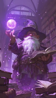 the wizard is holding a crystal ball in his hand while standing next to some books