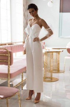 White Wedding Jumpsuit-danddclothing-Classic Elegant Gowns,Royal Wedding Dresses,White Wedding Suits For Bride, White Jumpsuit Wedding, African Bridesmaid Dresses, Wedding Dresses Sweetheart Neckline, Wedding Dress Suit, Civil Wedding Dresses