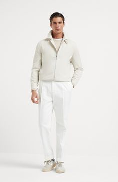 The combination of the cotton fibers with a small percentage of synthetic fibers makes the fabric fine and lightweight, but also resistant and ideal for providing protection during the summer months. The slightly shiny effect of the texture enhances the season's nuances and adds a sophisticated touch to the garment. Two-way zip closure Shirt-style collar Hand pockets with snap Adjustable button cuffs Elasticized hem Cupro lining Two interior pockets with button closure and pen holder Brunello Cucinelli Summer, Mens Smart Casual Outfits, Blazer And T Shirt, Man Blazer, Style Sport, Mens Eyewear, Eyewear Womens, Boutique Online, Stylish Fashion