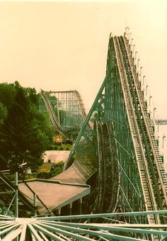 the roller coaster at an amusement park with trees in the foreground and people riding on it