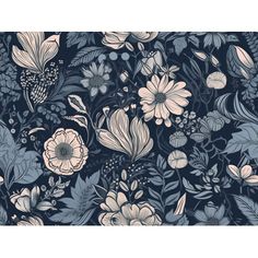 a blue and white floral wallpaper with lots of flowers on the bottom half of it