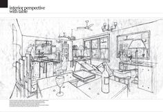 a drawing of an interior perspective with table