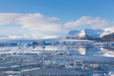 ice floes floating on the water with mountains in the background