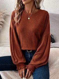 Faster shipping. Better service Textured Top, Ribbed Knit Top, Ruffled Sleeve Top, Ruffled Sleeves, Lantern Sleeve, Textured Knit, Look Casual, Lantern Sleeves, Plus Size Tops