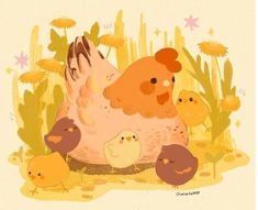 an illustration of a chicken and her chicks on the ground in front of cactuses