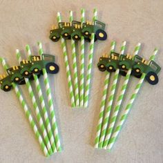 green and white striped paper straws with a tractor on top, set of six