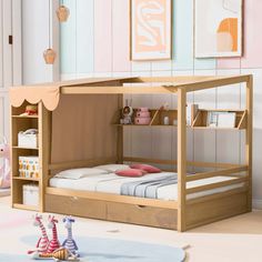 a child's bedroom with a bunk bed and toys on the floor