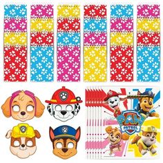 paw patrol party supplies including paper straws, masks and napkins with paw patrol stickers