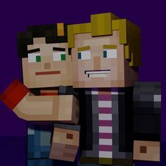 two men are hugging each other in front of a purple background with the words minecraft on it