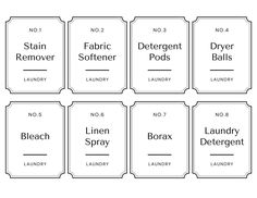 six labels for laundry detergents, each labeled in different font and numbers on them