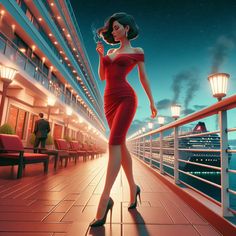 a woman in a red dress is standing on the deck of a cruise ship at night