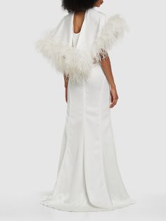 Concealed back zip closure. Cutout details. Side slit at hem. Feathered trim. Model is wearing a size40 Cape Gown, The Attico, White Feather, Maxi Shirt Dress, Feather Dress, Satin Gown, Shearling Jacket, Elegant Fashion, Net A Porter