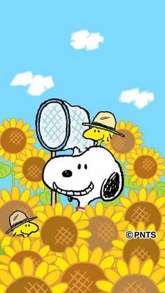 a cartoon dog with a tennis racket on top of a field of sunflowers