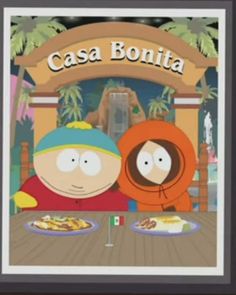 south park's family guy and stew are eating pizza in front of the sign that says casa bonita