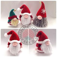 crocheted christmas gnomes are shown in three different poses, one is wearing a santa hat and the other has an ornament