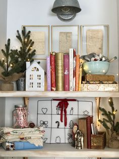 shelves with books and christmas decorations on them