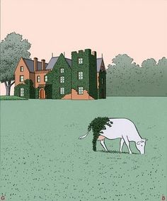 a drawing of a cow grazing in front of a house