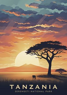 an image of the sun setting behind a tree with animals on it and clouds in the background