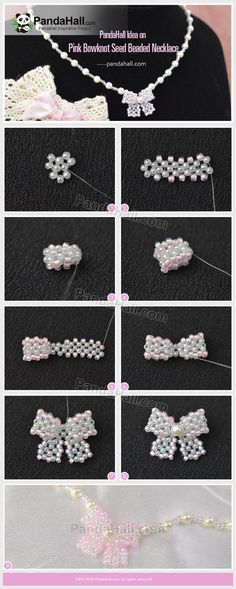 the instructions for how to make beaded bow necklaces with pearls and pearls on it