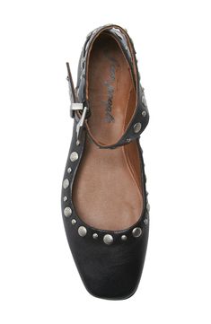 Mixed studs trim the topline of a striking mary jane flat fashioned with a modern square toe and adjustable buckle closure at the ankle. Leather upper and lining/rubber sole Imported Leather Studded Closed Toe Flats, Studded Flats, Mary Jane Flats, Modern Square, Doll Shoes, List Style, Fashion Flats, Strap Sandals, Womens Flats