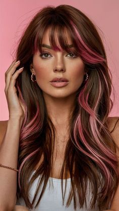 Brown Hair With Pink Extensions, Brunette Pop Of Color, Good Hair Colors For Brunettes, Hair Colors For Pink Undertones Skin, Brown And Light Pink Hair, Pink Strand In Brown Hair, Pink And Brunette Hair, Rich Brunette Hair Color With Highlights, Brunette And Pink Hair