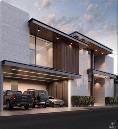 two vehicles are parked in front of a modern house with large windows and wooden slats