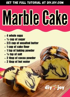 a poster with instructions for how to make marble cake on a wooden cutting board,