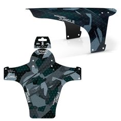 the front and back of a skateboard with camouflage print on it, including an image of