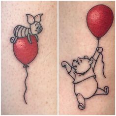 two pictures of winnie the pooh and piggy with balloons on their stomachs