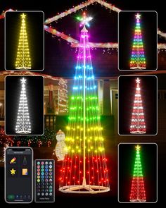 the christmas tree is decorated with multicolored lights