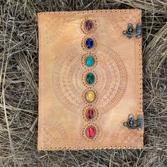 a leather journal with seven chakras on it in the middle of dry grass