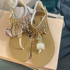 These Sandals Are From Just Fab! Brand New Never Worn. Embellished White Synthetic Sandals, White Embellished Open Toe Sandals, White Flat Embellished Sandals, White Embellished Flat Sandals, White Embellished Sandals For Summer, White Embellished Summer Sandals, White Rhinestone Sandals For Vacation, Black And White Flats, Strappy Platform Sandals