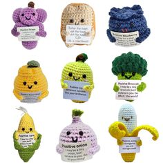 crocheted fruits and vegetables are shown with labels on their heads, including broccoli, radishes, cauliflowers