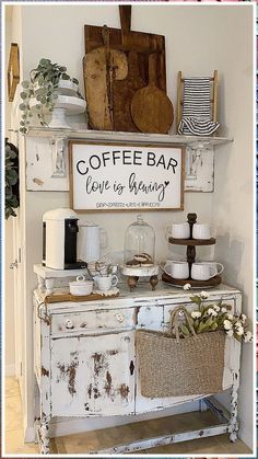 Looking for a creative way to spruce up your coffee bar? Check out these stylish coffee bar ideas! Hot Cocoa Bar Sign, Love Is Brewing, Coffee Bar Station, Farmhouse Coffee Bar, Coffee Bar Design, Bar In Casa, Coffee Bars In Kitchen, Coffee Bars