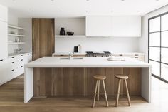 two stools are in front of the kitchen island