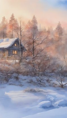 a painting of a cabin in the snow