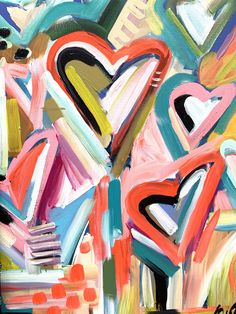 an abstract painting with lots of different colors and shapes in the shape of heart shaped letters