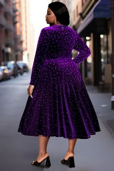 Xpluswear Design Plus Size Business Casual Purple Round Neck Long Sleeve Velvet Midi Dresses [Pre-Order] - Xpluswear