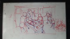 a drawing of people in a room with red and blue lines on the wall next to each other